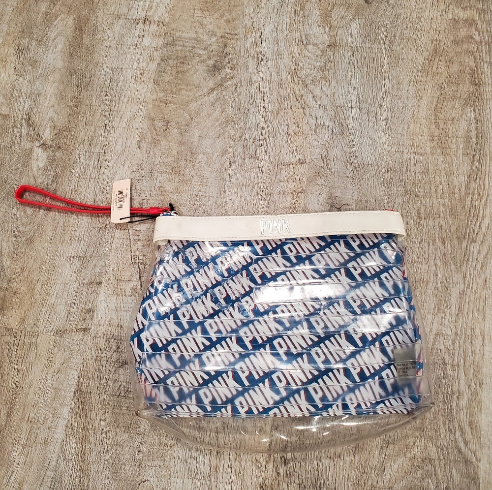 FLAWED NWT Victoria's Secret PINK Red White and Blue American Flag Cosmetic Bag